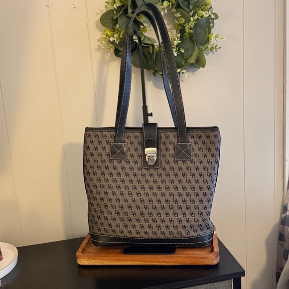 Dooney and Bourke Black and Gray Monogram Tote Bag with Buckle Closure - Picture 2 of 9